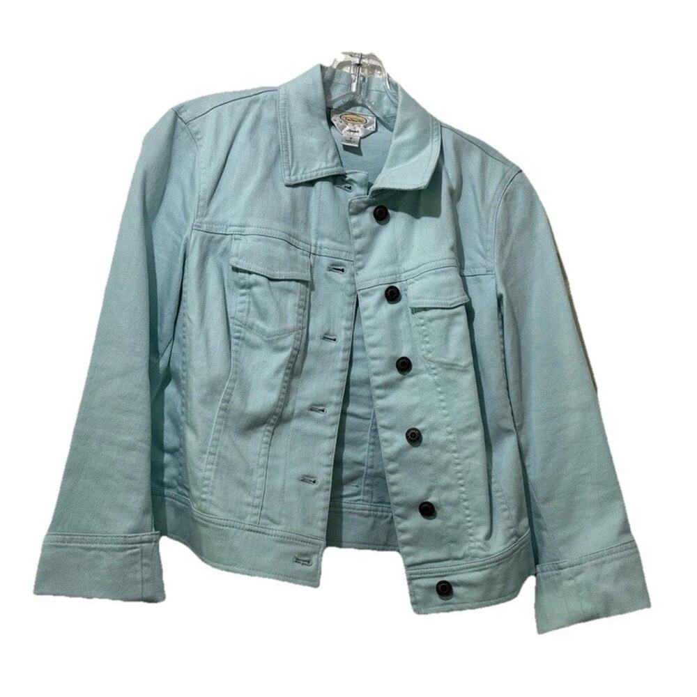 Talbots Petites Aqua Blue Jean Jacket Button Back Panel Size 2 Pockets Casual